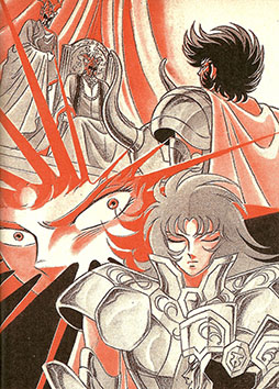 Shura está diante do Grande Mestre Shion e de Ares (Arles), ajudante de Shion, quando Saga de Gêmeos chega!